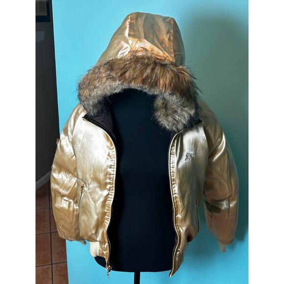 JLo Brown Reversable Gold Fur Hooded Super Thick Puffer Jacket - Picture 2 of 10